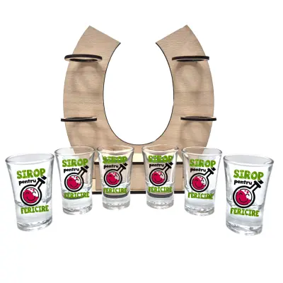 Sirop pentru fericire, suport potcoava din lemn cu 6 pahare tip shout, model hgs116